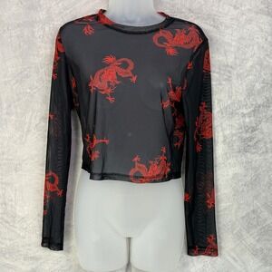 Womens Black Mesh Long Sleeve Crop Top Red Dragon whimsigoth y2k goth indie